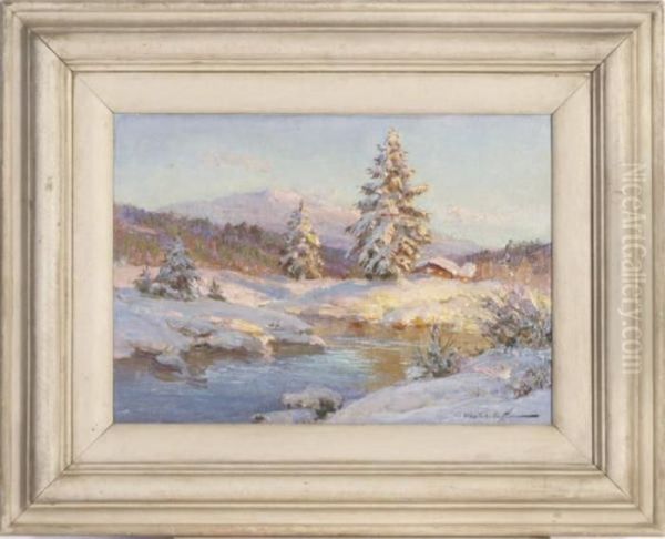 A Snowy Riverbank Oil Painting by Constantin Alexandr. Westchiloff