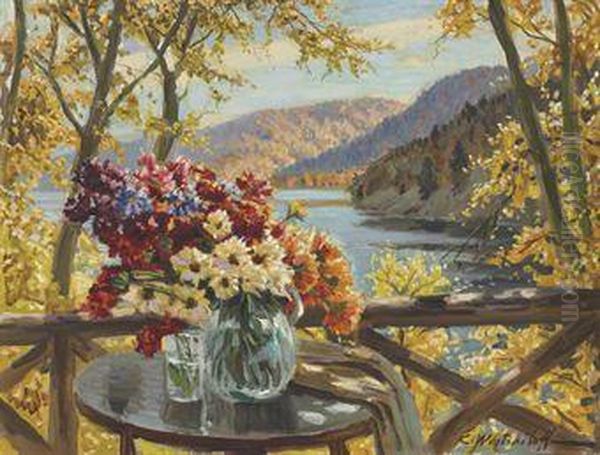 Floral Still Life By A Mountain Lake Oil Painting by Constantin Alexandr. Westchiloff