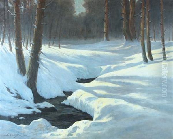 Wooded Stream In Winter Oil Painting by Constantin Alexandr. Westchiloff