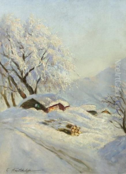 Village In Winter Oil Painting by Constantin Alexandr. Westchiloff