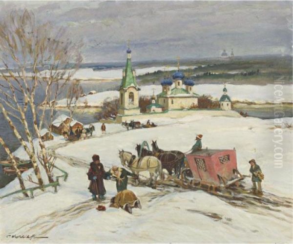 Village Winter Scene Oil Painting by Constantin Alexandr. Westchiloff