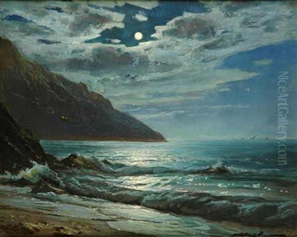 Constantin Aleksandrovich Westchiloff Russian, -moonlit Shore Oil Painting by Constantin Alexandr. Westchiloff