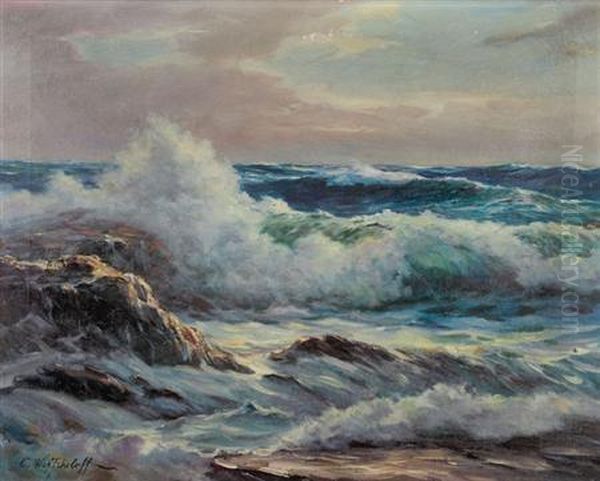 Constantin Aleksandrovich Westchiloff Russian, -crashing Waves Oil Painting by Constantin Alexandr. Westchiloff