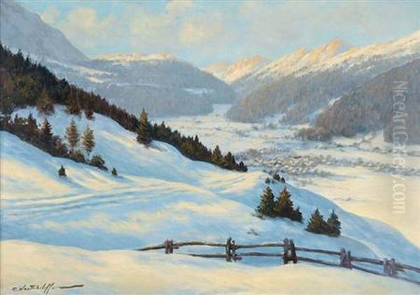 Constantin Aleksandrovich Westchiloff Russian, -winter Mountain Landscape Oil Painting by Constantin Alexandr. Westchiloff