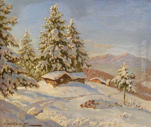 Mountain Cabins Under Snow Oil Painting by Constantin Alexandr. Westchiloff