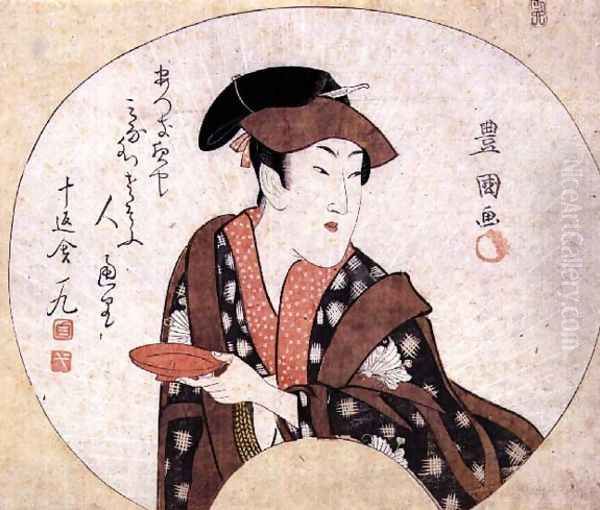 The actor Segawa Kikunojo III; the actor is shown off-stage and is accompanied by a poem by Jippensha Ikku, pub.1808 Oil Painting by Toyokuni