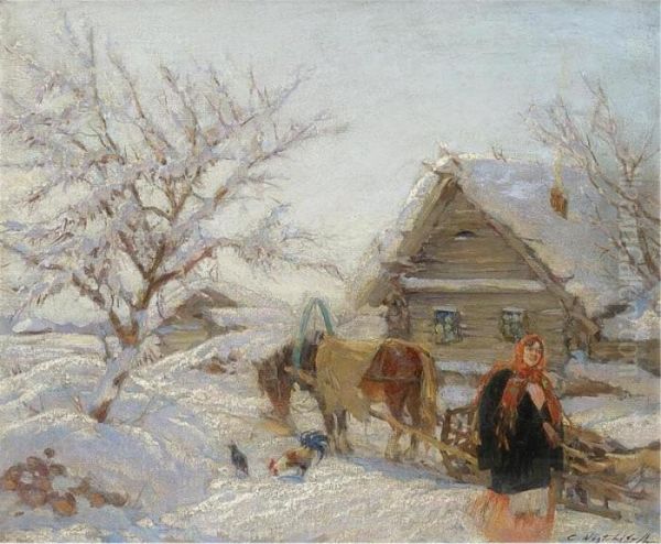 Village In Winter Oil Painting by Constantin Alexandr. Westchiloff