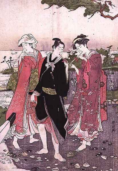 Two girls and a youth on a beach, pub. c.1780 Oil Painting by Toyokuni