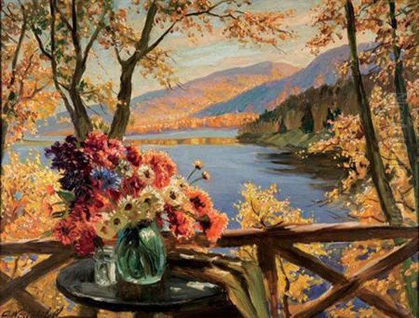 Floral Still Life By A Mountain Lake Oil Painting by Constantin Alexandr. Westchiloff