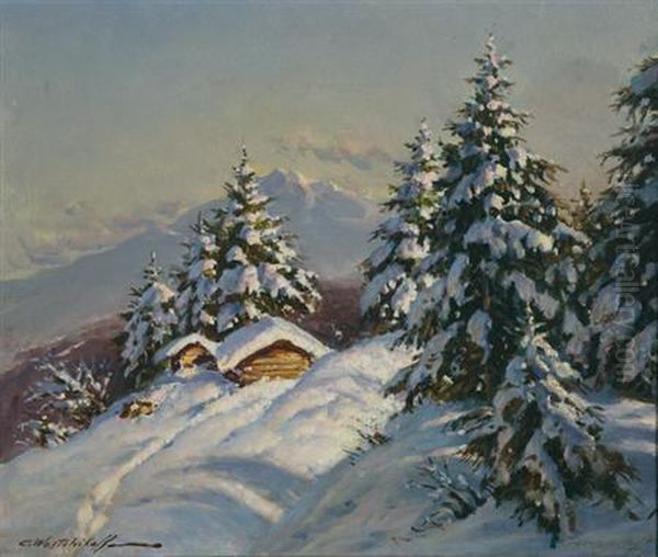 Snow Covered Mountain Cabin Oil Painting by Constantin Alexandr. Westchiloff