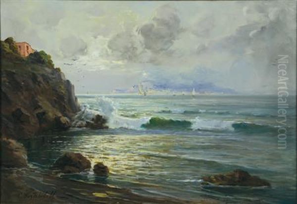 Sunlight Breaking On A Rocky Shore With A Coastal Town In The Distance Oil Painting by Constantin Alexandr. Westchiloff