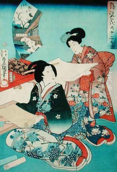 Two Women Reading Scrolls Oil Painting by Toyokuni