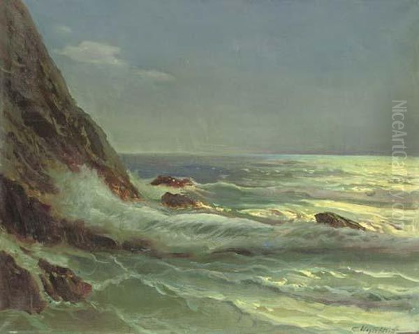 Waves Breaking At The Cliffs, Dusk Oil Painting by Constantin Alexandr. Westchiloff