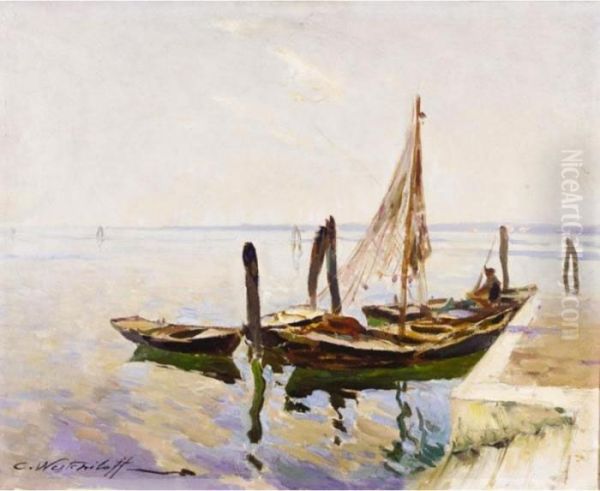 Fishing Boats By The Quay Oil Painting by Constantin Alexandr. Westchiloff