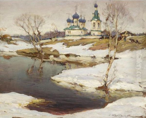 Russian Village Under Snow Oil Painting by Constantin Alexandr. Westchiloff