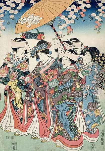 Young Woman with Five Attendants, 1850 Oil Painting by Toyokuni