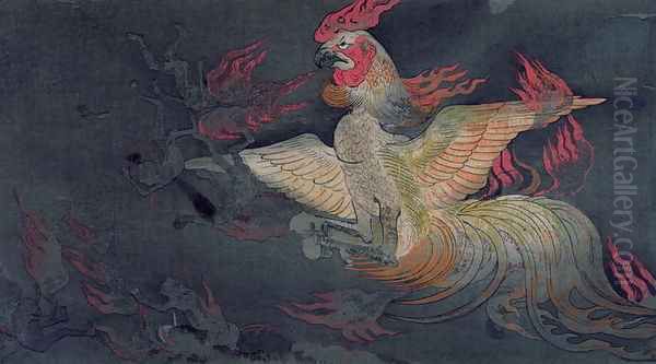 A monstrous animal with the head of a cock, spitting flames, illustration from the Jigoku Zoshi Scroll of the Hells published in Kokka magazine, 1898-9 Oil Painting by Tokiwa Mitsunaga