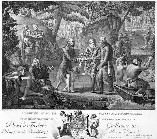 Henri IV 1553-1610 reconciling Frederick William II 1744-97 and Voltaire 1694-1778 at the Elysian Fields, 2nd half 18th century Oil Painting by Texier, G.