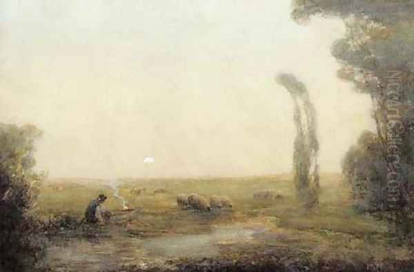 A shepherd beside a camp fire watching his flock by moonlight Oil Painting by John Terris