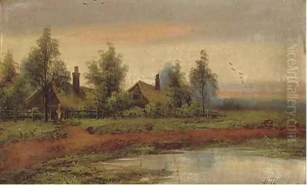 Cottages beside a pool at sunset Oil Painting by Hubert Thornley