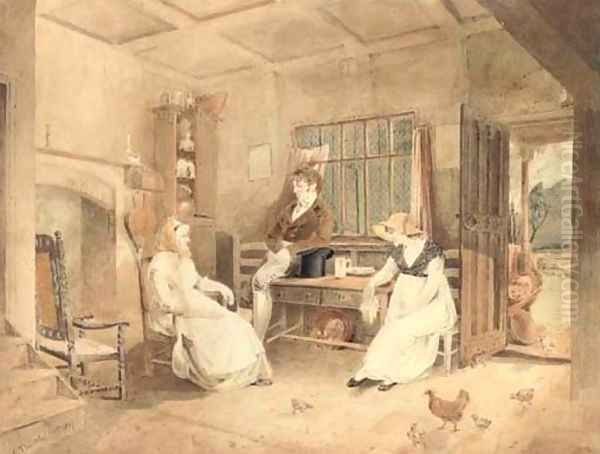 Portrait of John Sell Cotman, Mrs Edmund Miles and Ann Miles in the Miles family farmhouse, Felbrigg, Norfolk Oil Painting by John Thirtle