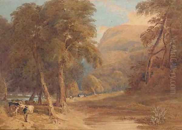 A wooded river landscape with a herdsman and cattle Oil Painting by John Thirtle