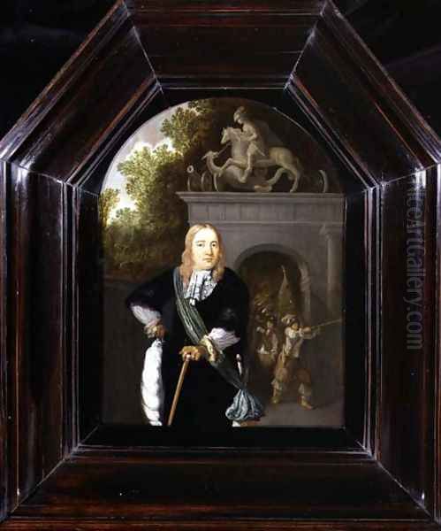 Portrait of Captain Jacobus Van Der Burgh standing before the Doeler Poort, Leiden Oil Painting by Dominicus van Tol