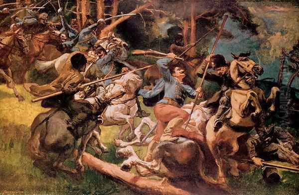 Hungarian Hussars and Russian Cossacks Fighting in the Carpathian Mountains in 1915 Oil Painting by Tardos, Viktor