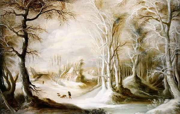 Winter landscape with a peasant walking through snow Oil Painting by Winter Landscapes The Master of the