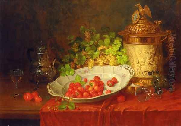 Strawberries, Grapes and an Ornamental Jug on a Draped Table Oil Painting by Karl Thoma-Hofele