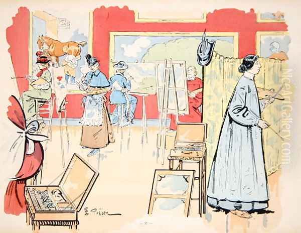 Ladies attending a painting class, 1902 Oil Painting by E. Thelem