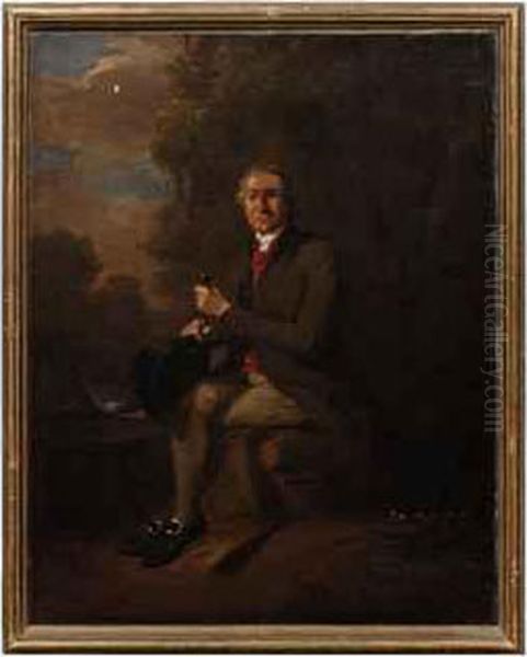 Portrait Of A Gentleman, Seated Full-length, A Hat And Cane In Hishand, In A Landscape Oil Painting by Francis Wheatley