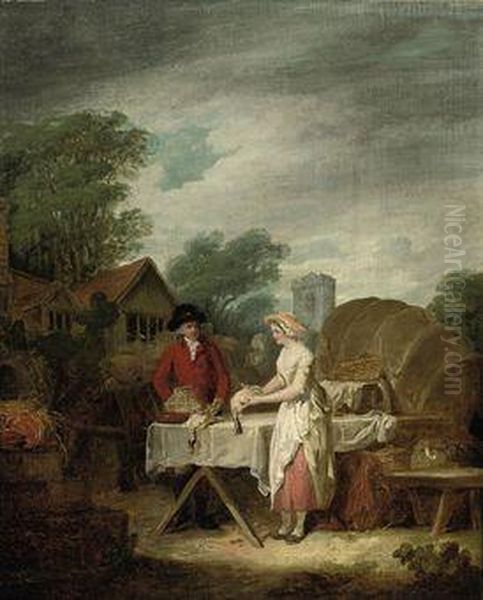 A Gentleman Buying Dead Game From An Open Market, A Villagebeyond Oil Painting by Francis Wheatley