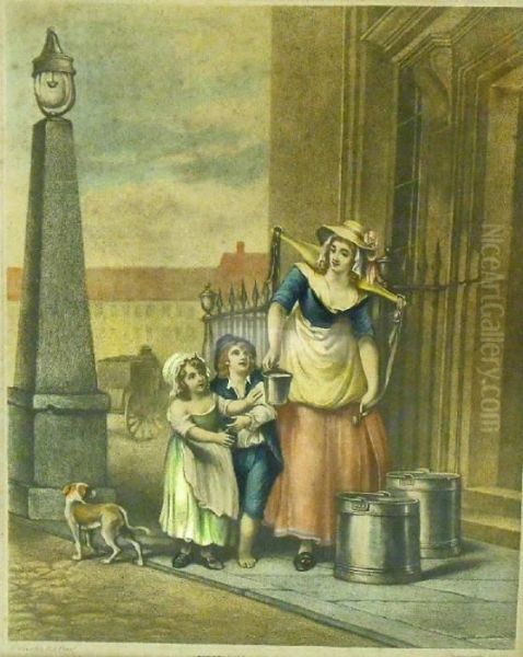 Lady Milk Seller With Two 
Children On A Street, And A Gentleman With A Wheelbarrow Selling Items 
To Two Children And A Lady Upon A Street Oil Painting by Francis Wheatley