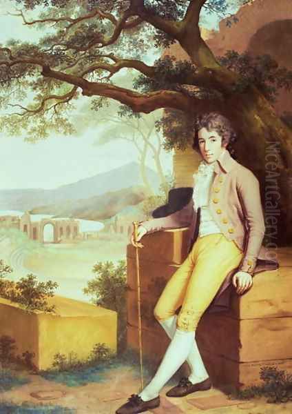 Portrait of Colonel David La Touche of Marcey with the Amphitheatre of Taormina and Etna Behind Oil Painting by Anna Nistri Tonelli