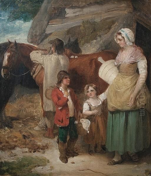 A Dairy Maid With A Farmer, His 
Horse And Children; A Cottage Interior With A Labourer And His Family, A
 Pair Oil Painting by Francis Wheatley