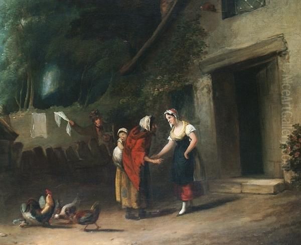 A Young Woman With An Elderly 
Lady Before A Cottage Door And A Man Stealing Laundry From A Clothes 
Line Oil Painting by Francis Wheatley