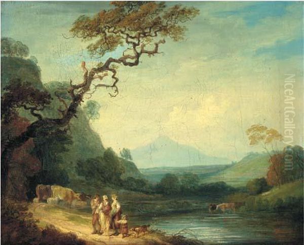 A River Landscape With Figures And Cattle On A Road Oil Painting by Francis Wheatley