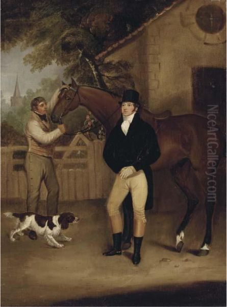 Portrait Of A Gentleman With His Bay Hunter Held By A Groom Oil Painting by Francis Wheatley