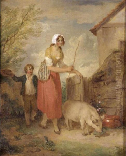 A Young Woman And Boy With A Pig Outside A Cottage Oil Painting by Francis Wheatley