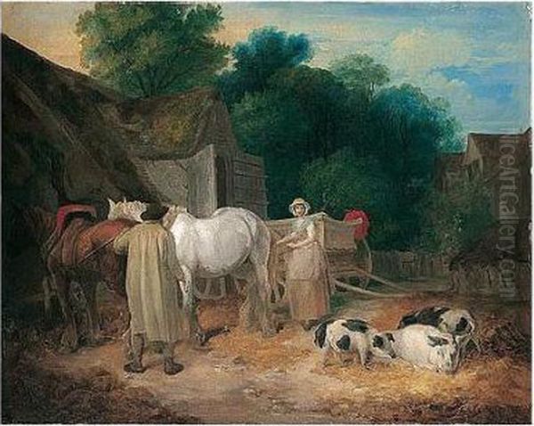 Farmyard Scene With Horse And Cart And Pigs Oil Painting by Francis Wheatley