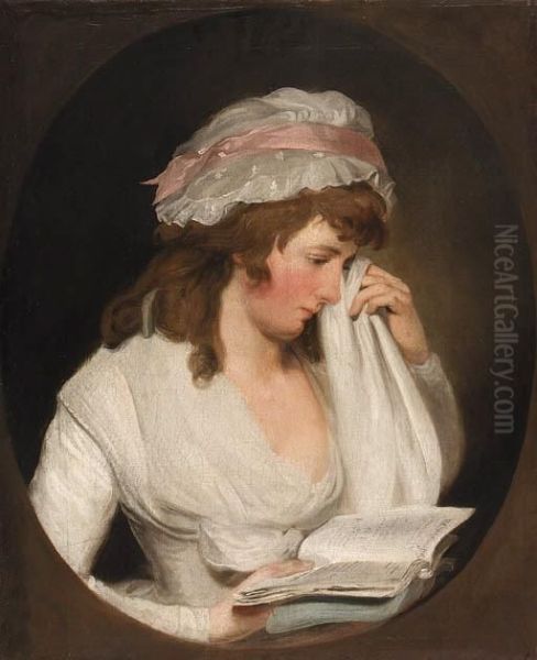 Portrait Of A Young Lady, 
Half-length, In A White Dress And Capbonnet Reading From Romeo And 
Juliet, Feigned Oval Oil Painting by Francis Wheatley