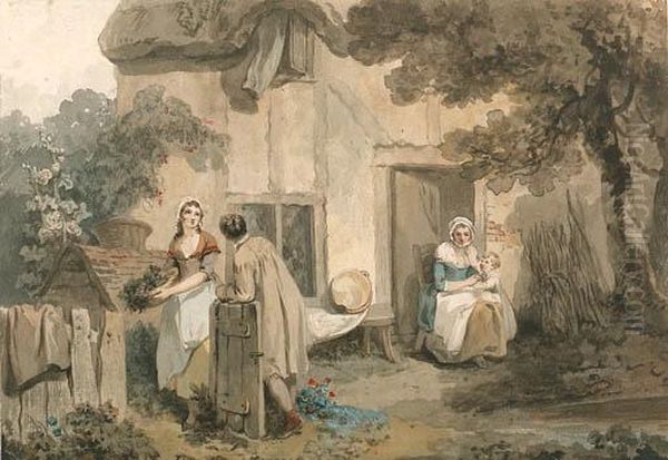 Figures Outside A Cottage Oil Painting by Francis Wheatley