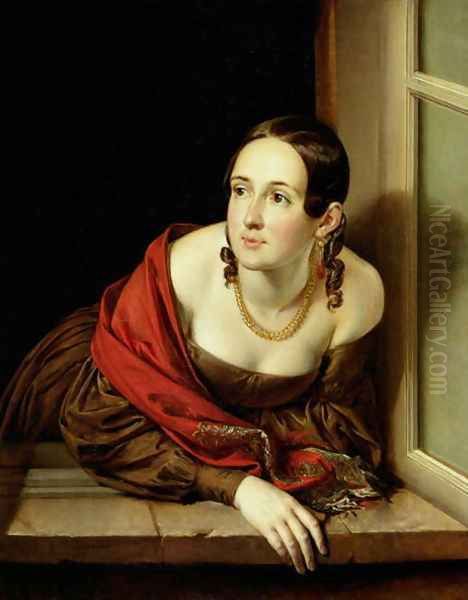 Woman at her Window or, The Wife of a Treasurer, 1841 Oil Painting by Vasili Andreevich Tropinin