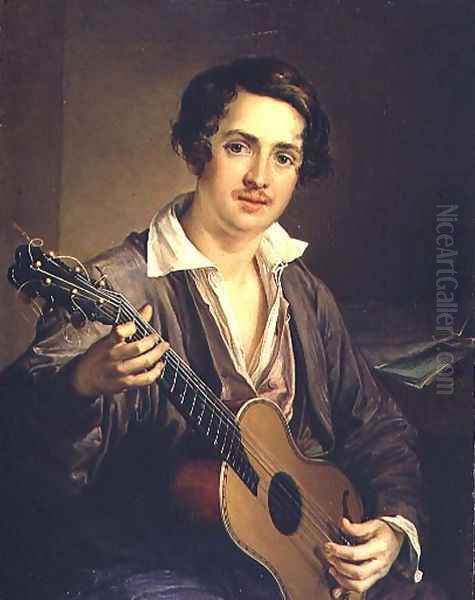 The Guitar Player: Portrait of the Virtuoso Guitarist Vladimir Ivanovich Morkov 1803-64 1839 Oil Painting by Vasili Andreevich Tropinin