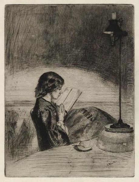 Reading By Lamp Light Oil Painting by James Abbott McNeill Whistler