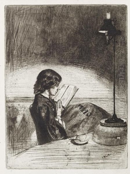 Reading By Lamplight Oil Painting by James Abbott McNeill Whistler