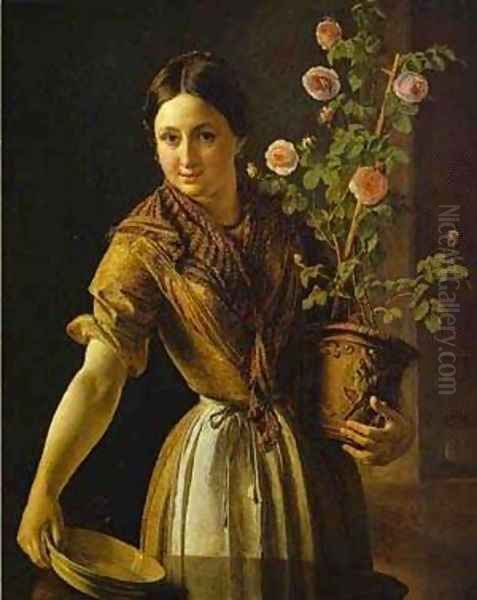 Girl With A Pot Of Roses 1850 Oil Painting by Vasili Andreevich Tropinin