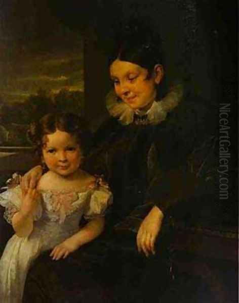 Portrait Of VI Yershova With Her Daughter 1831 Oil Painting by Vasili Andreevich Tropinin