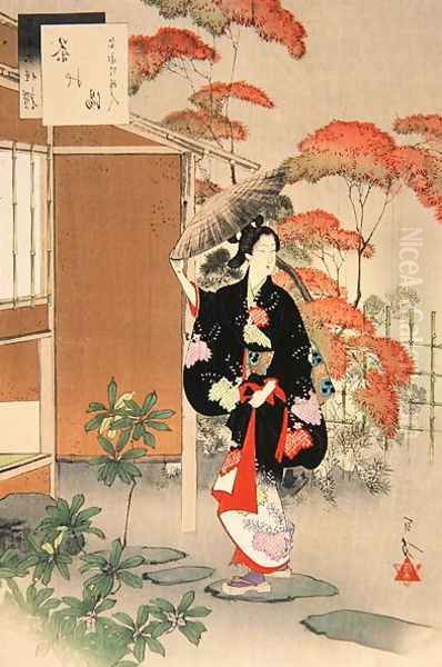 Tea Ceremony A Woman of the Hoei Era, from the series A Selection of the Thirty-Six Beauties, 1893 Oil Painting by Mizuno Toshikata